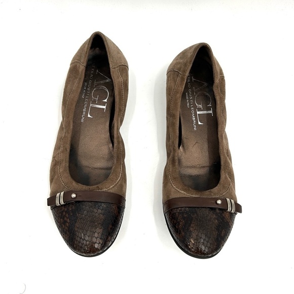 AGL Bella Ballet Flat Brown Suede Buckle Snakeskin Cap Toe Flat Shoes Size 8.5 - Picture 3 of 9